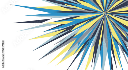 Abstract exploding starburst pattern in yellow, blue, and grey tones with sharp, dynamic edges on a white background, graphic design