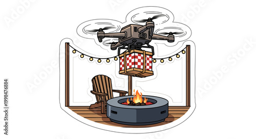 Drone delivering pizza to campsite with fire pit and chair