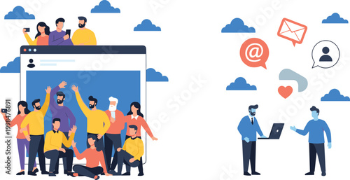 Global Digital Community and Social Media Networking Concept with Diverse People Group, Online Communication Icons, Web Browser Interface, Business Connectivity, and Virtual Interaction Vector Design