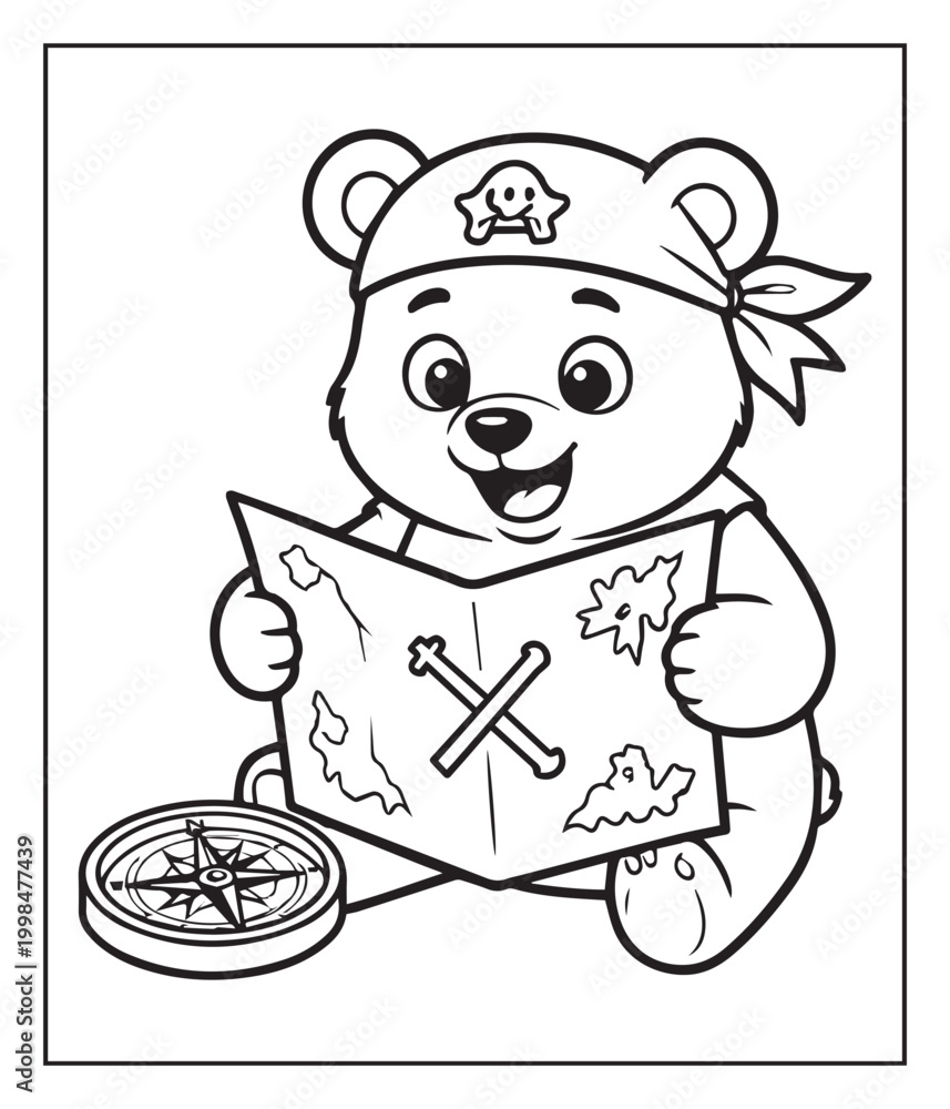Fototapeta premium Wild animal cute pirate bear seeing map black outline vector coloring page for children 