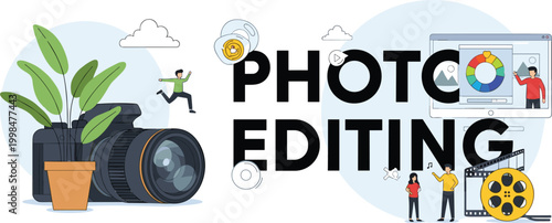 Professional Photo Editing and Video Post Production Concept with DSLR Camera, Computer Monitor Color Wheel, Film Reel, and Creative Designers for Digital Media Services