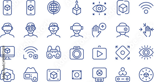 A set of 30 blue and white line art icons on transparent background