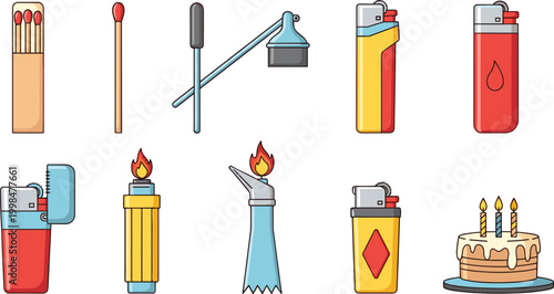 Colorful Lighters, Matches, and Fire Tools Vector Set with Birthday Candle and Flame Illustrations for Digital Art, Party Designs, Camping, and Safety Concept Graphics
