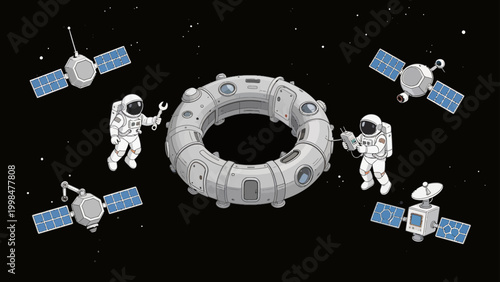 Astronauts in space with satellite and space station