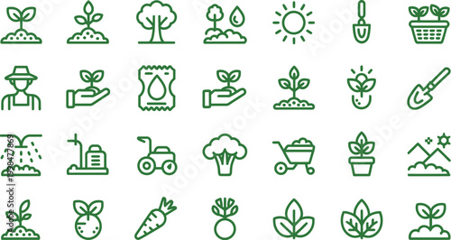A set of 30 bold green and white line art icons depicting gardening and agriculture on transparent background