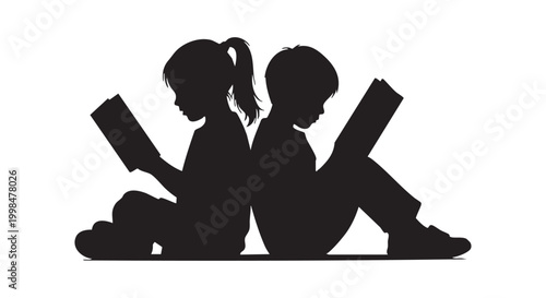Silhouette illustration of young children sitting back to back and reading books together as part of education process.