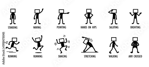 Modern screen-head stickman collection with social interaction poses. Includes waving, pointing, and walking icons for intuitive user interface design and digital ads.