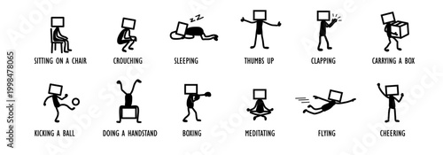 Versatile screen-head character set featuring dynamic action poses like meditating, flying, and boxing. Perfect for modern UI/UX storytelling, app mascots, and lifestyle.