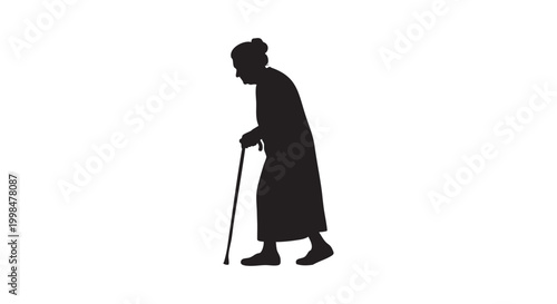 Silhouette of elderly woman walking with cane on white background for health support concept illustration and design.