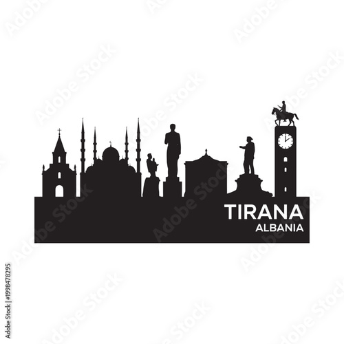 tirana skyline silhouette with landmarks and text