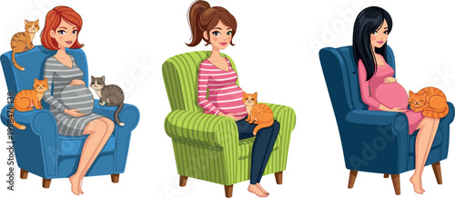 Set of Pregnant Women Sitting in Armchairs with Cats for Maternity Health, Pregnancy Wellness Blogs, Domestic Lifestyle Illustrations, Motherhood Concepts, and Family Related Digital Media Designs