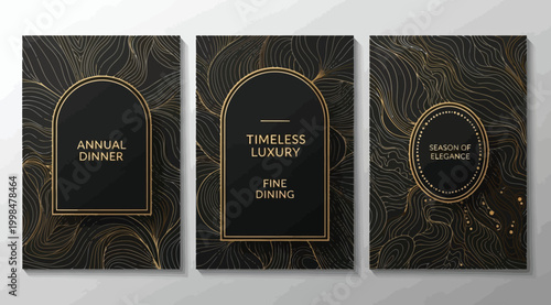 Luxury black and gold invitation card set with arch frames