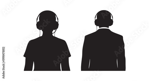 Two silhouettes of professional office workers wearing headsets for customer service support communication concept art.