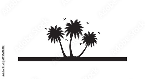 Tropical palm trees silhouette on small island with birds flying in sky over beach horizon line vector illustration.