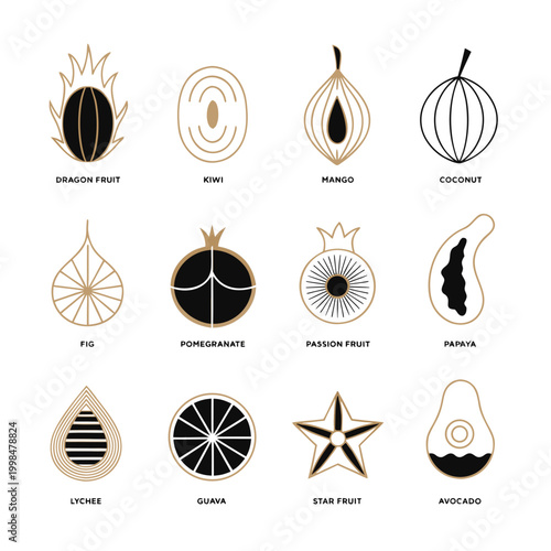 Fruits styled as sophisticated black and white line art symbols present a structured collection of edible plants, arranged in a grid to serve as versatile assets for contemporary culinary design work.