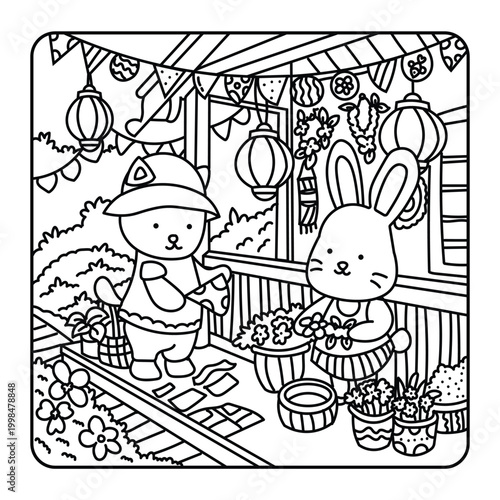 Cat and bunny characters interacting at a market stall with plants and lanterns, summer coloring page.