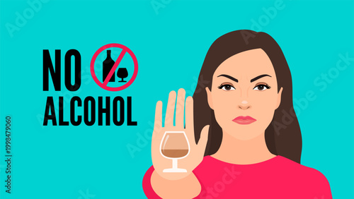 no alcohol addiction woman with hand gesture refuse vector illustration