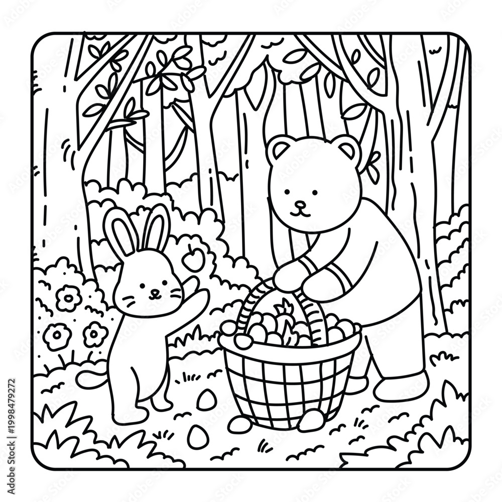 Fototapeta premium Bold and easy summer coloring page vector illustration featuring a bear and bunny collecting apples in a forest.