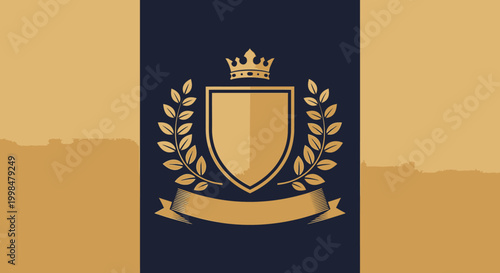 Elegant golden shield with crown and laurel wreaths on a dark blue banner, symbolizing achievement and prestige.