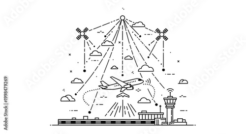 Modern air traffic control system with airplane, airport, communication network, and satellites.