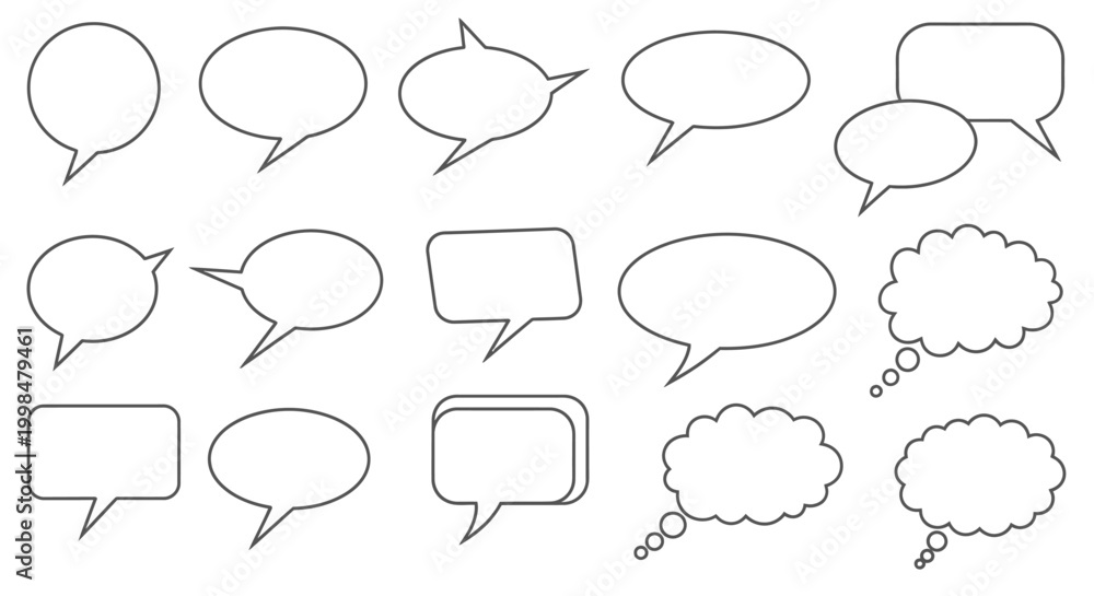 Fototapeta premium A collection of various empty speech bubbles and thought clouds, outlined in black on a white background, ready for text and communication concepts.