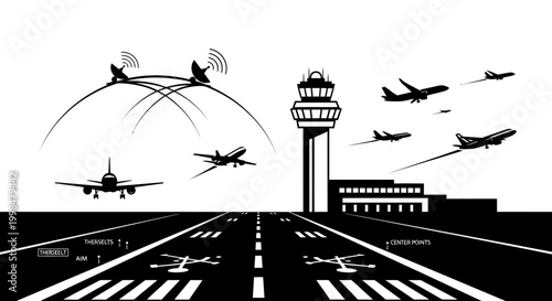 Black and white illustration of a busy airport with control tower, runway, and multiple airplanes flying and landing, depicting air traffic control systems.