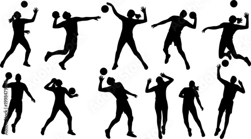 Group of volleyball players, men and women playing volleyball, set of isolated vector silhouettes