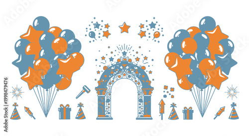 A vibrant collection of festive party and celebration elements, including balloons, a decorative arch, party hats, gift boxes, and fireworks in blue and orange.