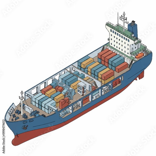 Cutaway illustration of a large cargo ship filled with shipping containers, showcasing its internal structure and loading capacity.
