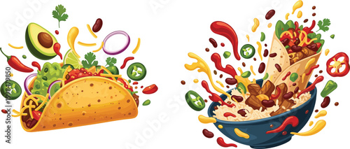 Dynamic Vector Illustration of Mexican Cuisine Featuring a Taco and Burrito Bowl with Rice, Beans, Vegetables, Avocado, Cheese, Salsa, Jalapeño, and Fresh Ingredients in a Creative Food Splash