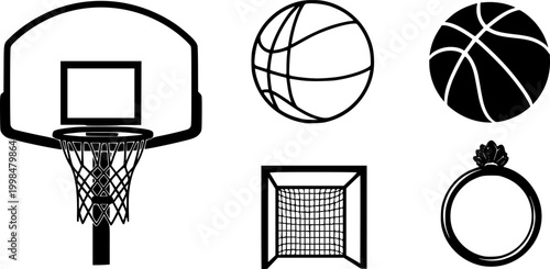 Basketball hoop, basketball and goal, net, ring icon silhouettes set