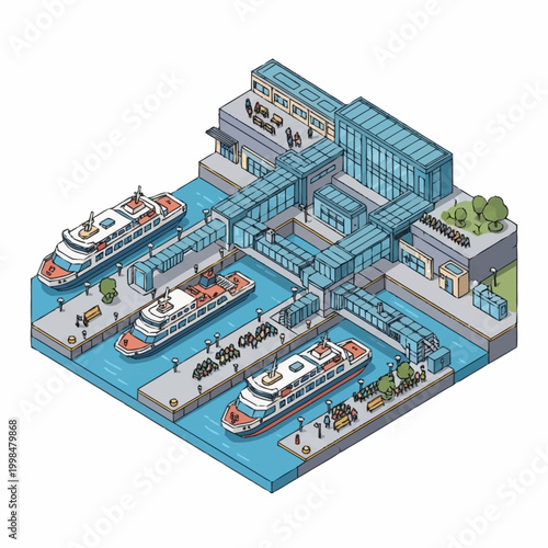 Canvas Print Isometric view of a modern ferry terminal with multiple boats docked at piers and connected by walkways