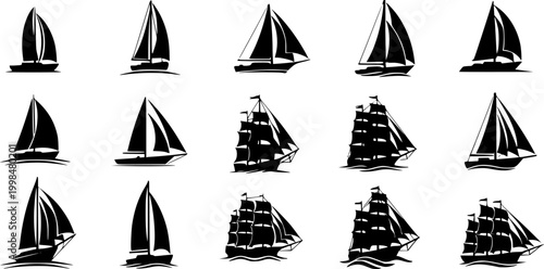 Sail boat logo silhouette vector design, sail boat logo icon silhouette, sailboat sailing ship logo vector illustration, sailboat and sailing ship vector silhouette logo design on white background
