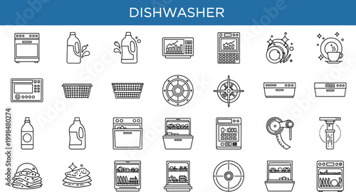 Dishwasher appliance and cleaning icon set featuring kitchen equipment dishwashing process detergents racks and home cleaning symbols vector collection