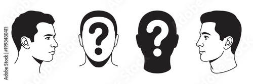 Silhouette profile picture of unknown man with question mark, anonymous identity concept, mystery person avatar, dark shadow face, hidden identity theme.