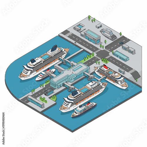 Obraz na plátně Isometric view of a busy cruise ship terminal with multiple vessels docked and passengers disembarking