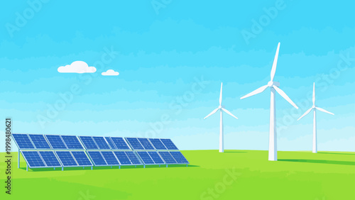 Solar panels and wind turbines in green field