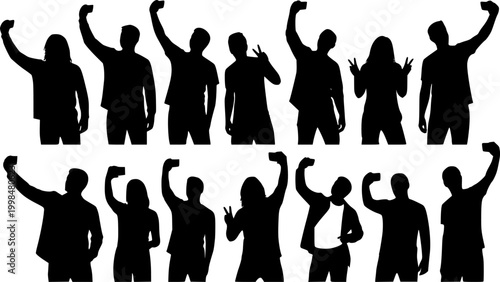 Silhouette group of people selfie different poses silhouette vector set on white background.