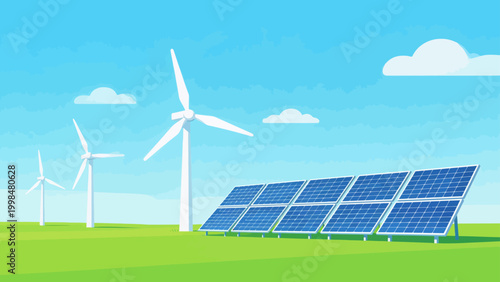 Wind turbines and solar panels in green field