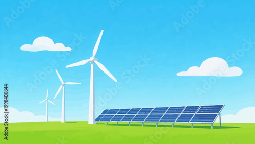 Wind turbines and solar panels in green field