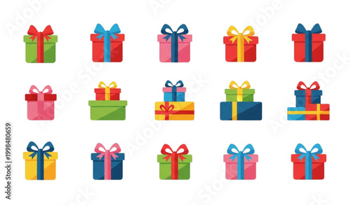 Gift box icon vector set with ribbon wrapped presents in trendy flat style for holiday ecommerce and celebration design isolated on white background