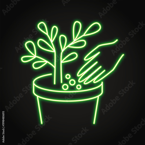 Dry fertilizer for a home plant neon icon