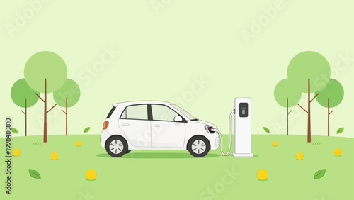Electric car charging in green field