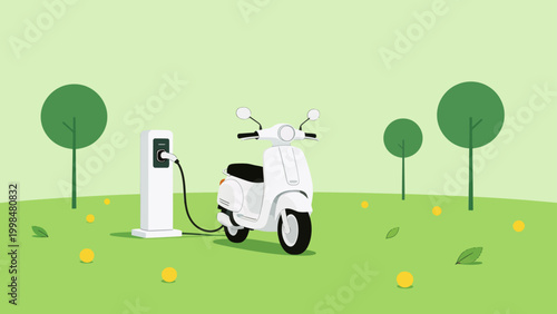 Electric scooter charging in green field