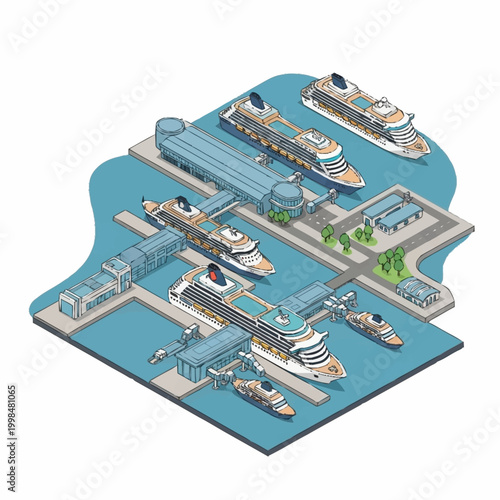 Isometric view of a busy cruise ship port with multiple vessels docked at piers and terminals.