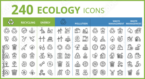Ecology and sustainability icon mega set featuring recycling energy pollution waste management water treatment and environmental protection symbols vector collection