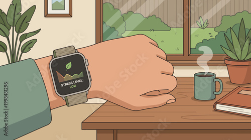 Smartwatch tracking stress levels on a desk with coffee