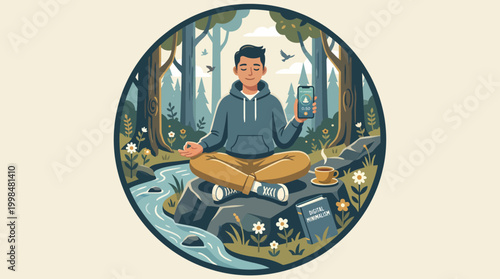 Man meditating in nature with smartphone and coffee