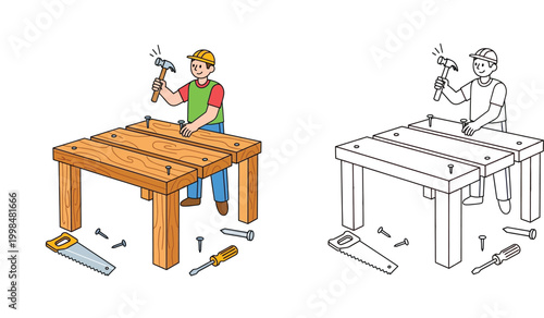 Cartoon carpenter building wooden table with hammer and nails, handyman worker character with tools vector illustration and line art coloring page