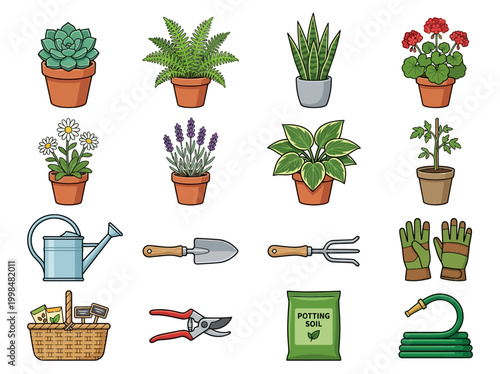 Set of Gardening Icons Featuring Potted Houseplants, Flowers, Professional Tools, and Equipment for Horticulture and Hobby Gardening